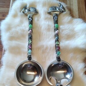 Pewter Salad/Serving Spoons Bunnies Easter Multi Color Stones High Quality.
